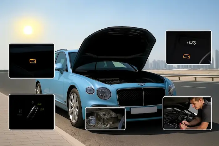 Mechanic inspecting a Bentley car battery in a workshop