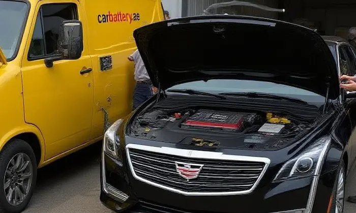 Technician performing Cadillac car battery service in Dubai