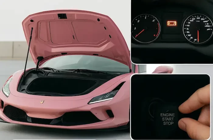 Car dashboard displaying battery warning light