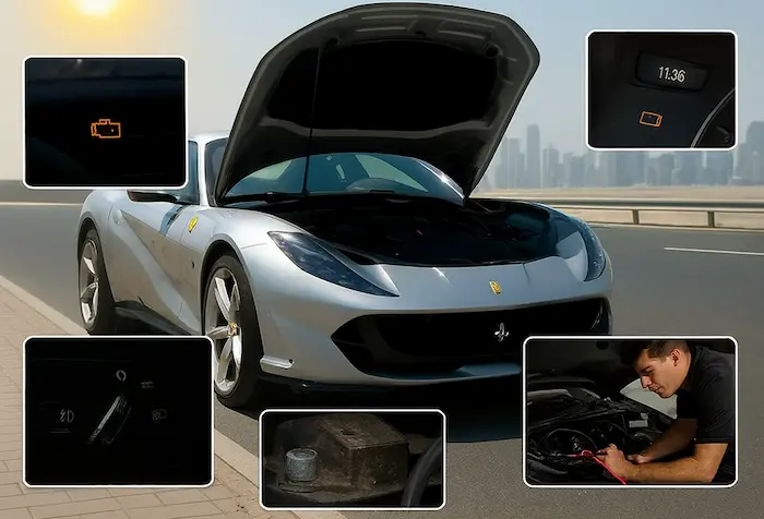 Mechanic inspecting a damaged car battery in a workshop