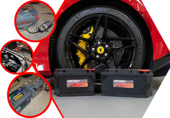 Technician providing mobile battery replacement for a Ferrari in Dubai