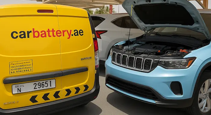 Technician providing mobile Jeep battery replacement service in Dubai