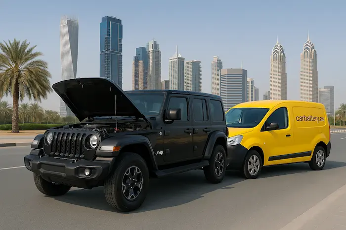 Technician inspecting a Jeep car battery for issues