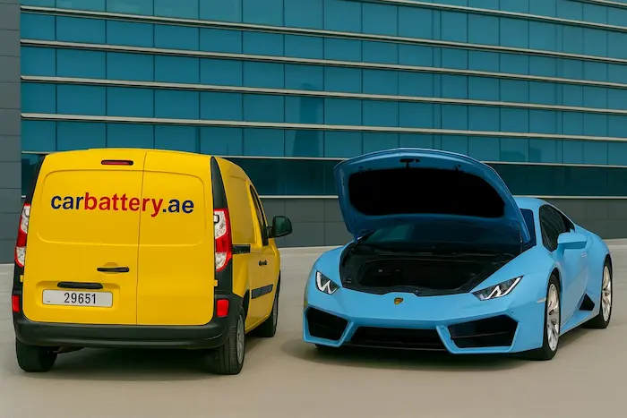 Close-up of a car battery with corroded terminals