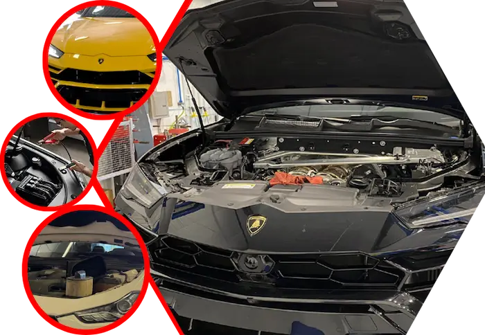Technician replacing a Lamborghini car battery in Dubai