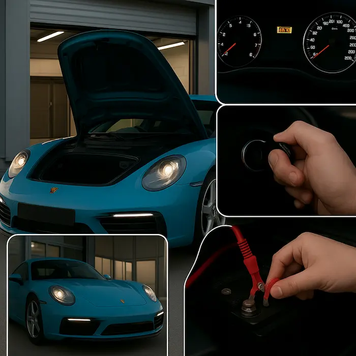 Porsche car speeding on an open road