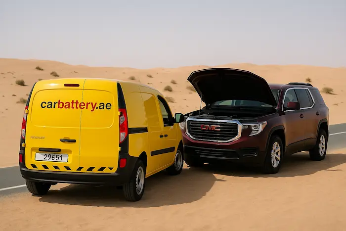 Technician providing GMC car battery service in Dubai
