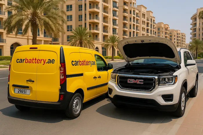 Technician performing mobile battery replacement for a GMC car in Dubai