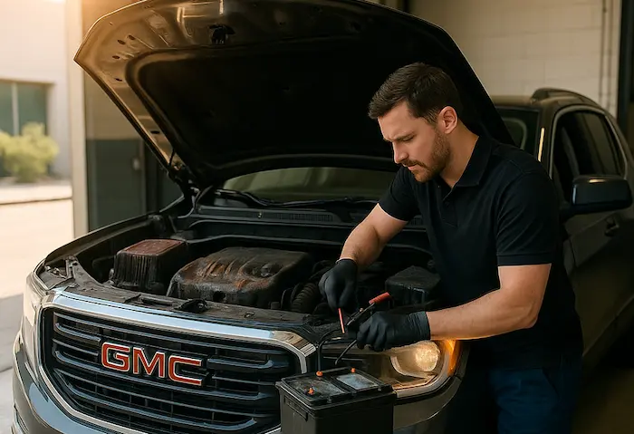 Mechanic inspecting a faulty car battery in a workshop