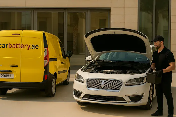 Mechanic checking a Lincoln car battery for signs of failure