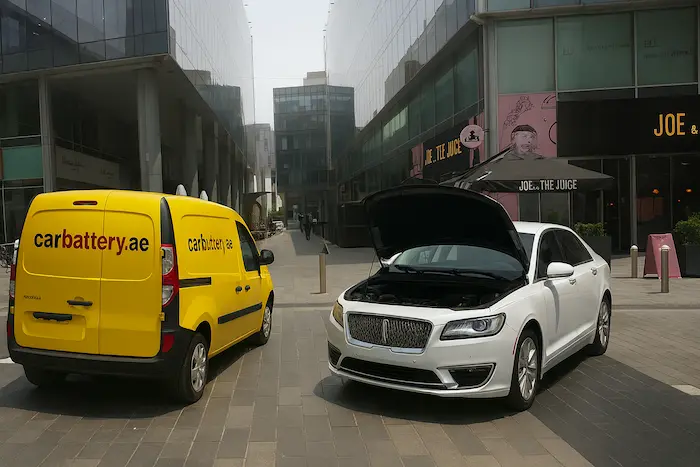 Mobile technician providing on-site car battery service in Dubai