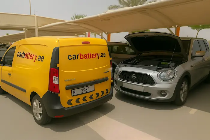 Technician performing car battery replacement and diagnostic service