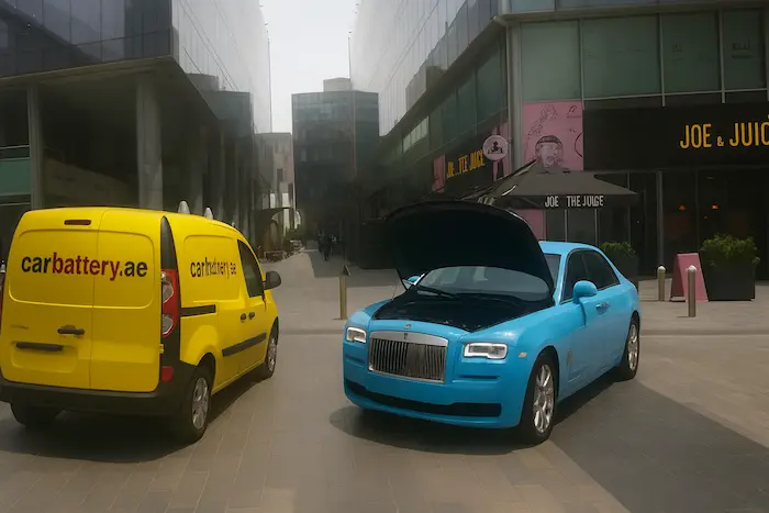 Technician performing mobile battery replacement for a Rolls-Royce in Dubai
