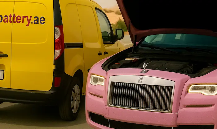 A technician testing a car battery during service in Dubai