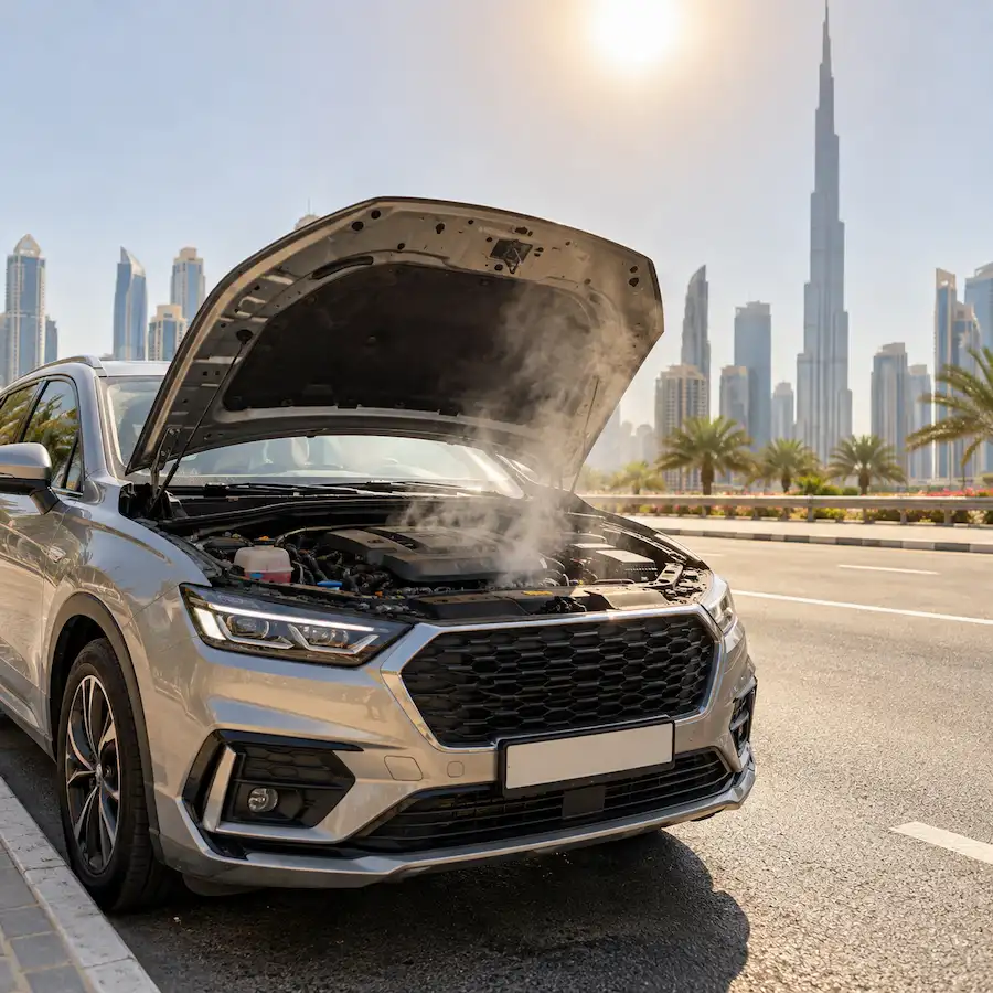 Car overheating in Dubai with steam rising from the engine under the open hood.